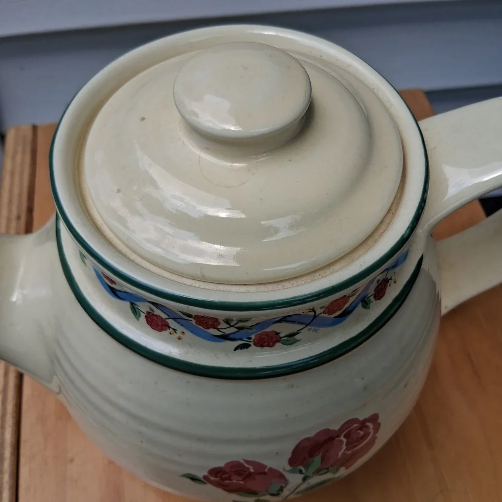 Vintage 90s Cottagecore Treasure Craft Pottery Stoneware Teapot Country Rose USA